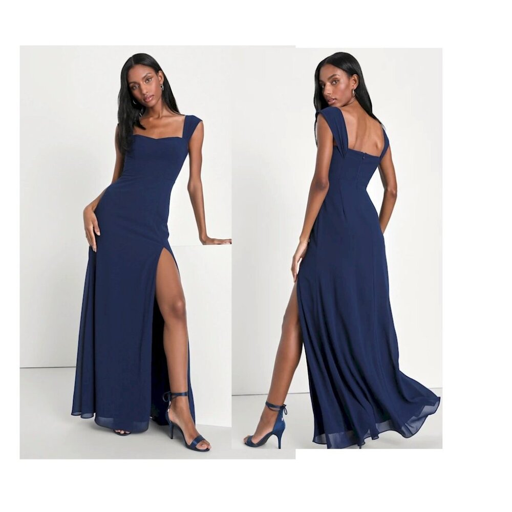 Lulus Magical Magnetism Navy Blue Off-the-Shoulder Maxi Dress Medium New